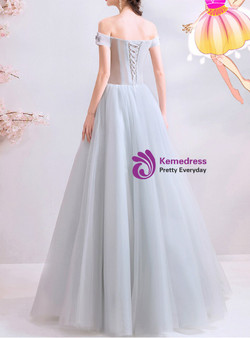 In Stock:Ship in 48 Hours Gray Tulle Appliques Beading Prom Dress