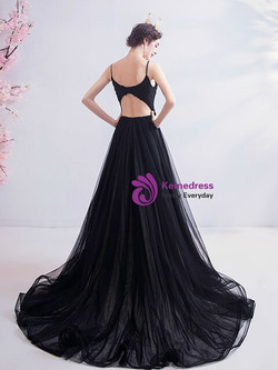 In Stock:Ship in 48 Hours Black Tulle Appliques Beading Prom Dress