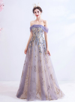 In Stock:Ship in 48 Hours Purple Sequins Tulle Prom Dress