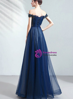 In Stock:Ship in 48 Hours Navy Blue Tulle Beading Prom Dress