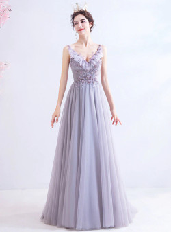 In Stock:Ship in 48 Hours Purple Beading Appliques Prom Dress