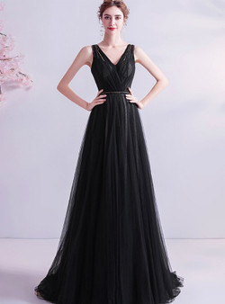 In Stock:Ship in 48 Hours Tulle V-neck Black Prom Dress
