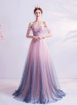 In Stock:Ship in 48 Hours Pink Tulle Off the Shoulder Prom Dress