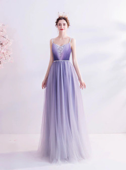 In Stock:Ship in 48 Hours Pleats Beading Purple Prom Dress