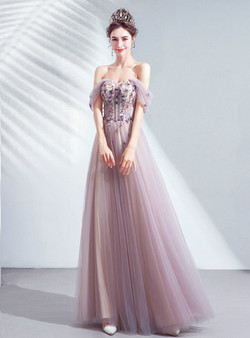 In Stock:Ship in 48 Hours Purple Tulle Appliques Prom Dress