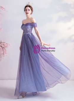 In Stock:Ship in 48 Hours Purple Tulle Sequins Appliques Prom Dress