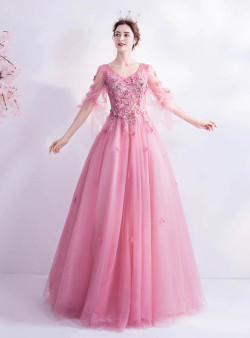 In Stock:Ship in 48 Hours Pink Short Sleeve Appliques Prom Dress