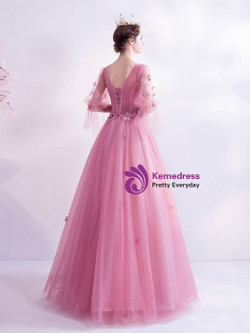 In Stock:Ship in 48 Hours Pink Short Sleeve Appliques Prom Dress