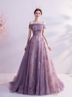 In Stock:Ship in 48 Hours Purple Sequins Tulle Beading Prom Dress