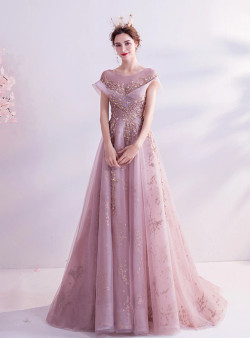 In Stock:Ship in 48 Hours Pink Sequins Scoop Prom Dress