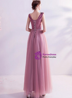 In Stock:Ship in 48 Hours Pink V-neck Pleats Prom Dress