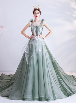In Stock:Ship in 48 Hours Green V-neck Appliques Prom Dress