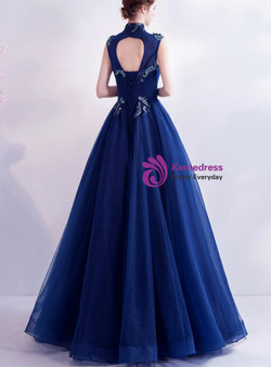 In Stock:Ship in 48 Hours Blue Tulle Appliques Backless Prom Dress