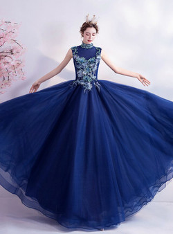 In Stock:Ship in 48 Hours Blue Tulle Appliques Backless Prom Dress