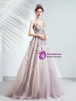 In Stock:Ship in 48 Hours Purple Appliques V-neck Prom Dress