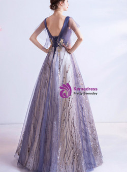 In Stock:Ship in 48 Hours Purple V-neck Prom Dress