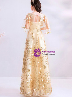 In Stock:Ship in 48 Hours Gold Tulle Sequins Prom Dress