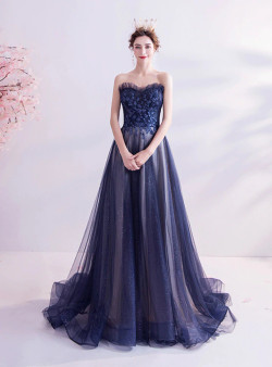 In Stock:Ship in 48 Hours Blue Strapless Appliques Prom Dress
