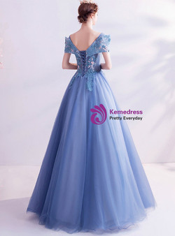 In Stock:Ship in 48 Hours A-Line Blue Tulle Appliques Beading Prom Dress