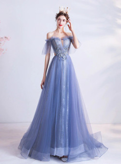 In Stock:Ship in 48 Hours Blue Tulle Pleats Beading Prom Dress