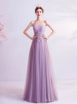 In Stock:Ship in 48 Hours Purple Tulle Pleats Strapless Prom Dress