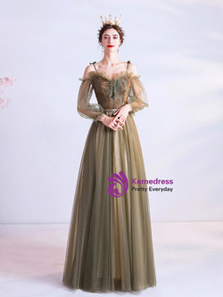 In Stock:Ship in 48 Hours Green Beading Long Sleeve Prom Dress