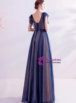 In Stock:Ship in 48 Hours Blue V-neck Beading Prom Dress