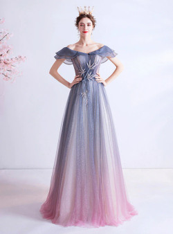 In Stock:Ship in 48 Hours Blue Purple Off the Shoulder Prom Dress