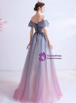 In Stock:Ship in 48 Hours Blue Purple Off the Shoulder Prom Dress