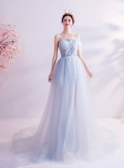In Stock:Ship in 48 Hours Light Blue Tulle Appliques Prom Dress