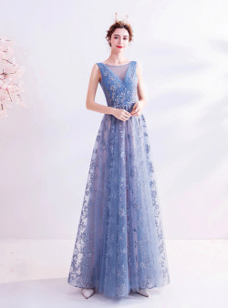 In Stock:Ship in 48 Hours Blue Tulle Sequins Pleats Prom Dress
