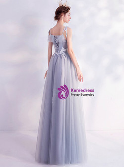 In Stock:Ship in 48 Hours Gray Tulle Appliques Pleats Prom Dress