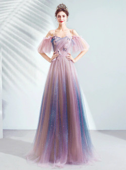 In Stock:Ship in 48 Hours Pink Tulle Appliques Beading Prom Dress 