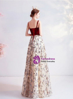 In Stock:Ship in 48 Hours Burgundy Velvet Champagne Tulle Sequins Prom Dress