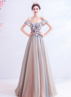In Stock:Ship in 48 Hours Champagne Gray Tulle Appliques Beading Prom Dress