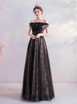 In Stock:Ship in 48 Hours Black Tulle Sequins Prom Dress