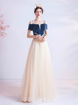 In Stock:Ship in 48 Hours Champagne Tulle Straps Appliques Prom Dress