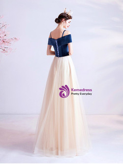 In Stock:Ship in 48 Hours Champagne Tulle Straps Appliques Prom Dress