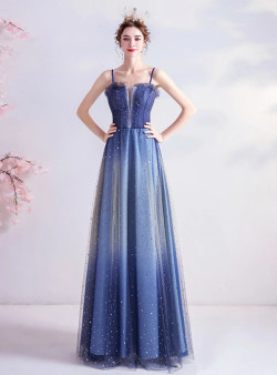 In Stock:Ship in 48 Hours Blue Straps Sequins Prom Dress