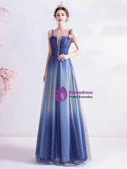 In Stock:Ship in 48 Hours Blue Straps Sequins Prom Dress