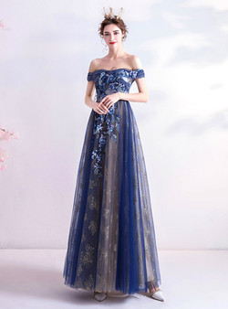 In Stock:Ship in 48 Hours Blue Sequins Appliques Prom Dress