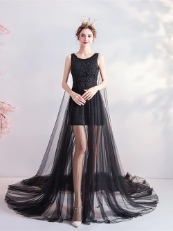In Stock:Ship in 48 hours Black Appliques Prom Dress