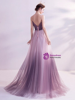 In Stock:Ship in 48 Hours Purple Appliques Pleats Prom Dress