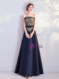 In Stock:Ship in 48 Hours Navy Blue Satin Appliques Prom Dress