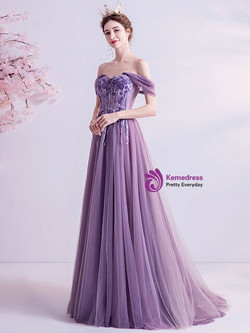 In Stock:Ship in 48 Hours Purple Tulle Appliques Beading Prom Dress