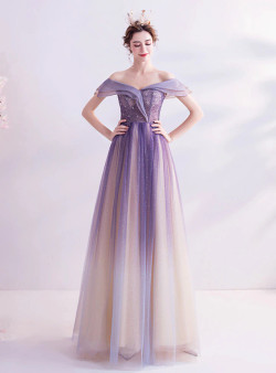 In Stock:Ship in 48 Hours Purple Sequins Beading Off the Shoulder Prom Dress