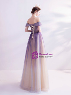 In Stock:Ship in 48 Hours Purple Sequins Beading Off the Shoulder Prom Dress