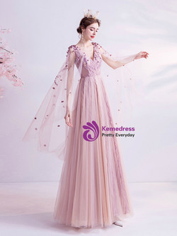In Stock:Ship in 48 Hours Pink Tulle V-neck Prom Dress