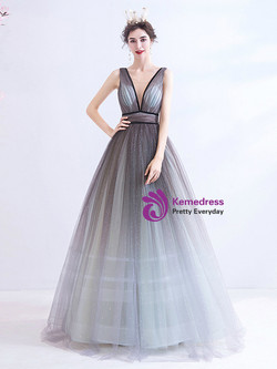 In Stock:Ship in 48 Hours Gray Sequins Illusion V-neck Prom Dress