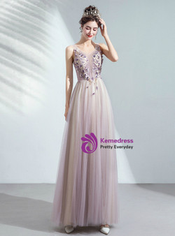 In Stock:Ship in 48 Hours Pink Purple V-neck Appliques Prom Dress